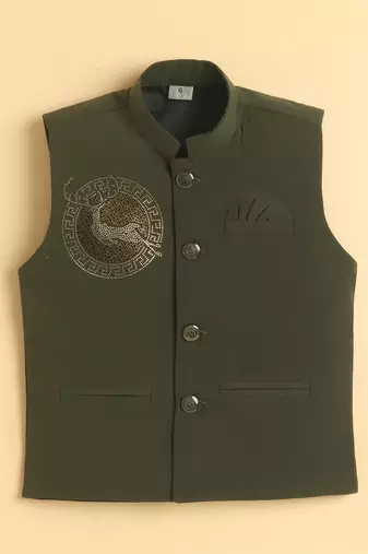 Boys olive lachka kurta pyjama set with stone embellished geometric medallion waistcoat