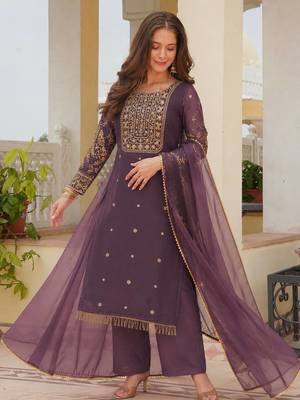mauve color fancy beads and embroidery and sequence work and ready maid lace border silk blend kurti set 1