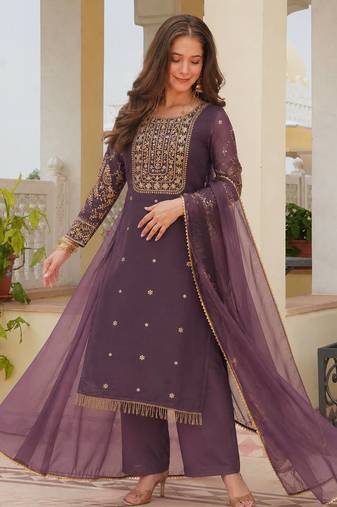 mauve color fancy beads and embroidery and sequence work and ready maid lace border silk blend kurti set