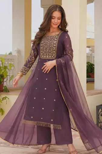 mauve color fancy beads and embroidery and sequence work and ready maid lace border silk blend kurti set