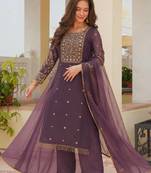 mauve color fancy beads and embroidery and sequence work and ready maid lace border silk blend kurti set