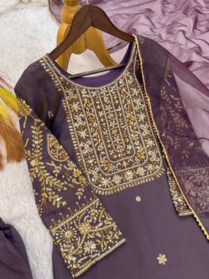 mauve color fancy beads and embroidery and sequence work and ready maid lace border silk blend kurti set 2