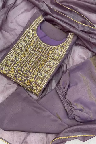 mauve color fancy beads and embroidery and sequence work and ready maid lace border silk blend kurti set