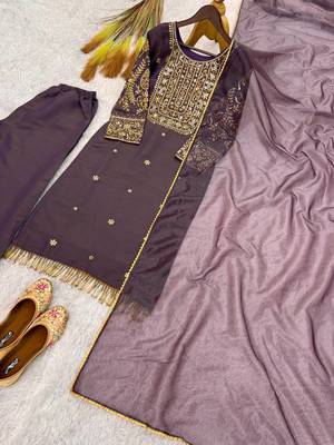 mauve color fancy beads and embroidery and sequence work and ready maid lace border silk blend kurti set 4
