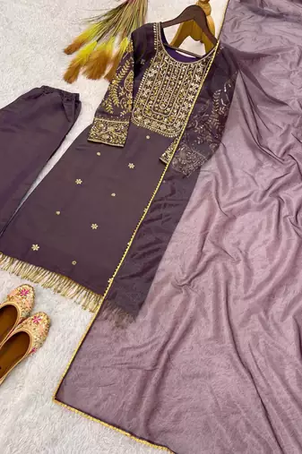 mauve color fancy beads and embroidery and sequence work and ready maid lace border silk blend kurti set