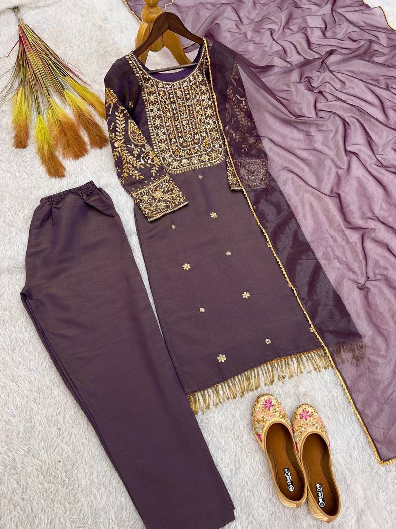 mauve color fancy beads and embroidery and sequence work and ready maid lace border silk blend kurti set