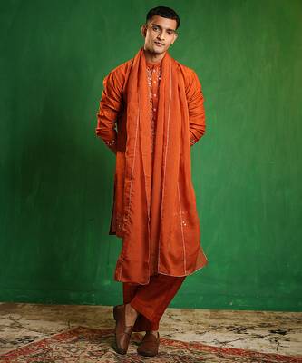 Rust orange embroidered slub silk organza kurta set 1