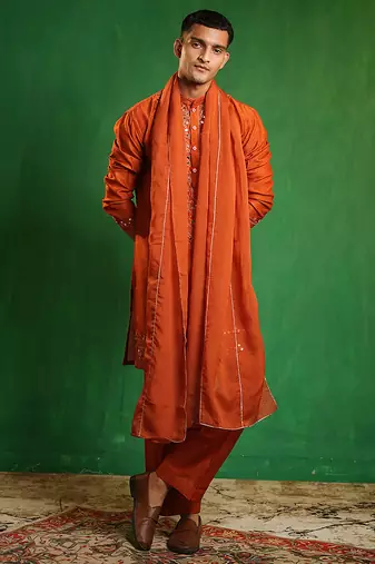 Rust orange embroidered slub silk organza kurta set