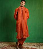 Rust orange embroidered slub silk organza kurta set