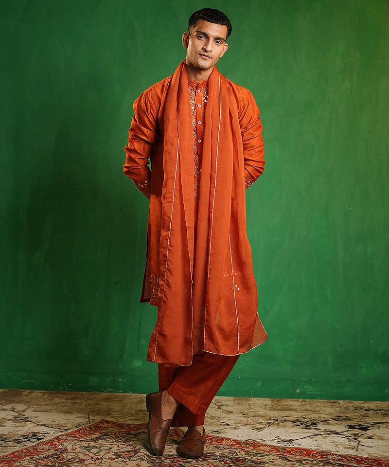 Rust orange embroidered slub silk organza kurta set