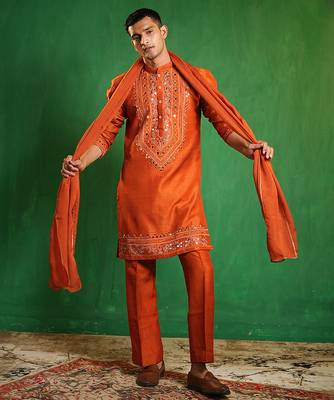 Rust orange embroidered slub silk organza kurta set 2