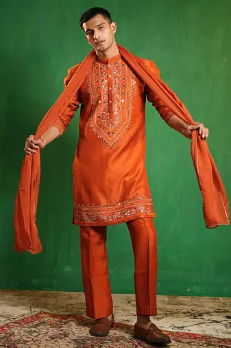 Rust orange embroidered slub silk organza kurta set