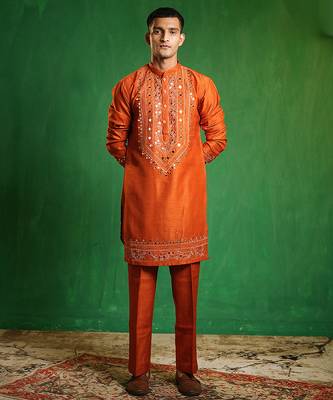 Rust orange embroidered slub silk organza kurta set 3
