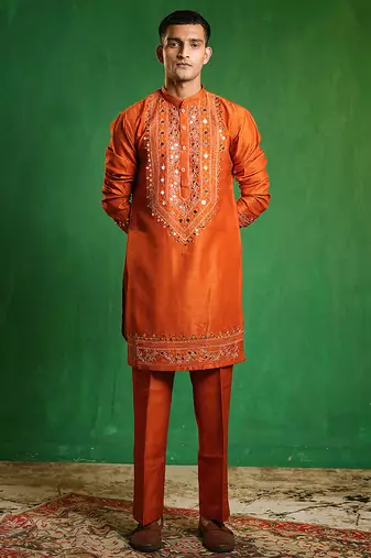 Rust orange embroidered slub silk organza kurta set