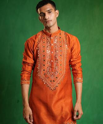 Rust orange embroidered slub silk organza kurta set 4