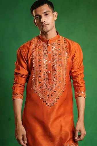 Rust orange embroidered slub silk organza kurta set
