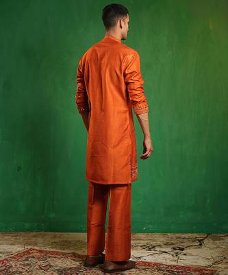Rust orange embroidered slub silk organza kurta set 5