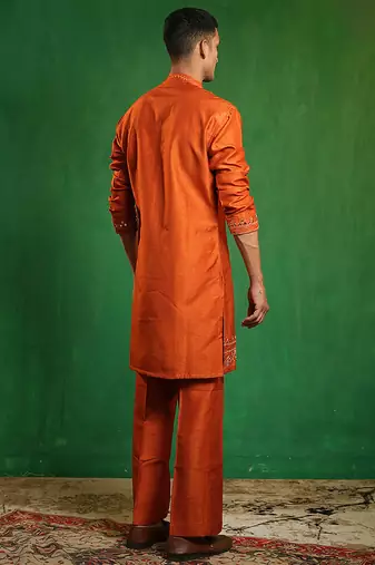 Rust orange embroidered slub silk organza kurta set