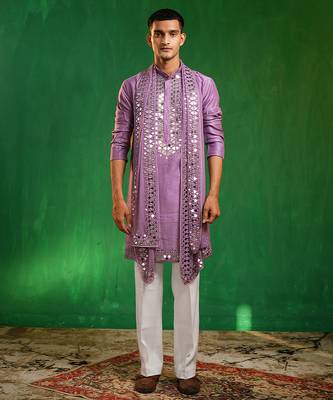 Soft lilac embroidered slub silk georgette kurta set 1