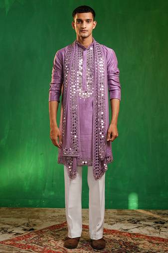 Soft lilac embroidered slub silk georgette kurta set
