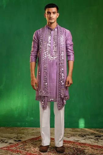 Soft lilac embroidered slub silk georgette kurta set