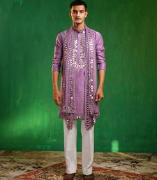 Soft lilac embroidered slub silk georgette kurta set