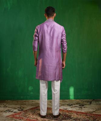 Soft lilac embroidered slub silk georgette kurta set 2