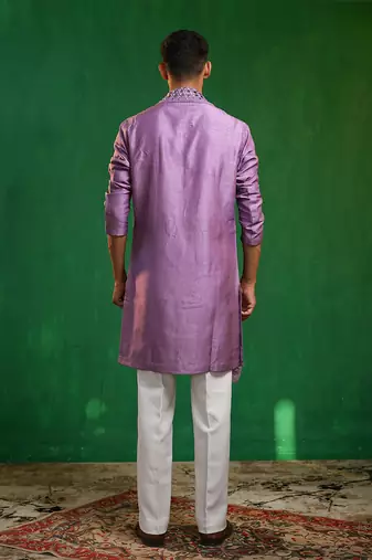 Soft lilac embroidered slub silk georgette kurta set