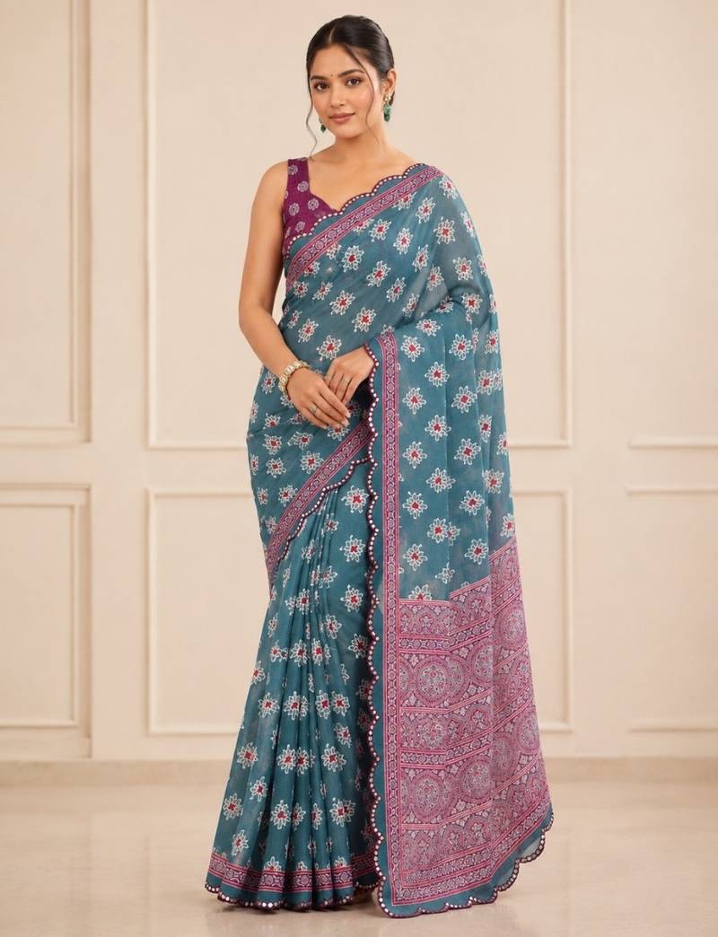 premium heavy chinon silk blend mirror work saree