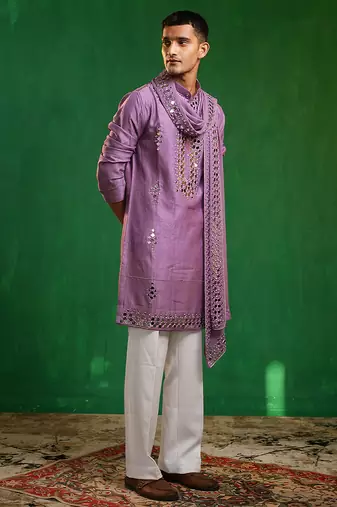 Soft lilac embroidered slub silk georgette kurta set