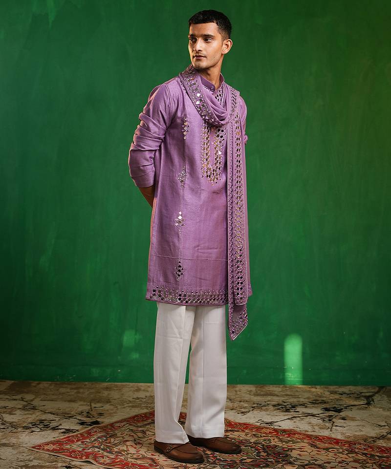 Soft lilac embroidered slub silk georgette kurta set
