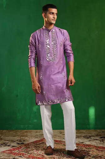 Soft lilac embroidered slub silk georgette kurta set