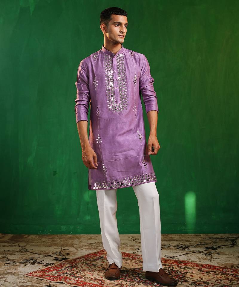 Soft lilac embroidered slub silk georgette kurta set