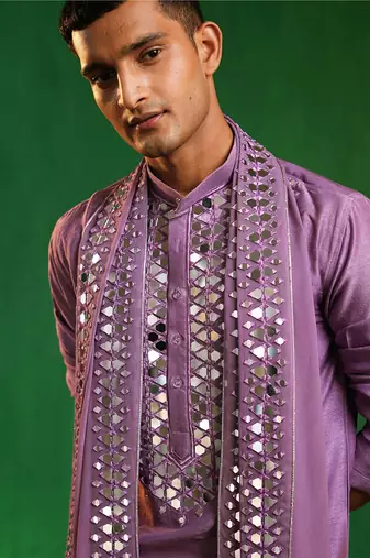 Soft lilac embroidered slub silk georgette kurta set