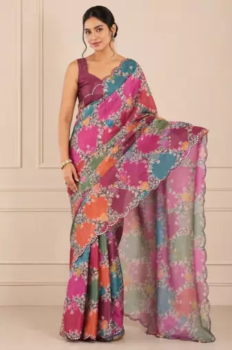 premium heavy chinon silk blend mirror work saree