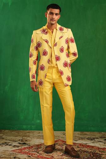 Bright yellow embroidered slub silk organza crepe blazer set