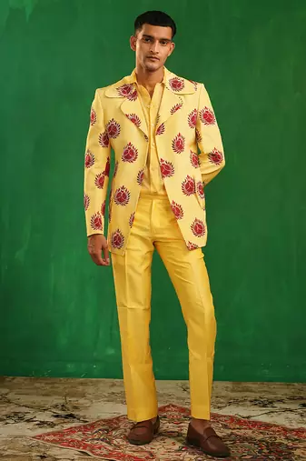 Bright yellow embroidered slub silk organza crepe blazer set