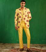 Bright yellow embroidered slub silk organza crepe blazer set
