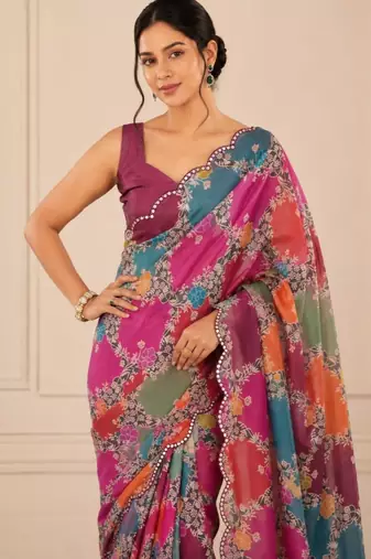 premium heavy chinon silk blend mirror work saree