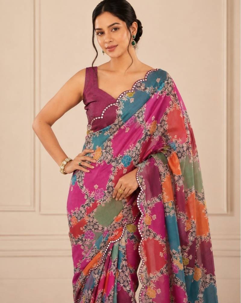 premium heavy chinon silk blend mirror work saree