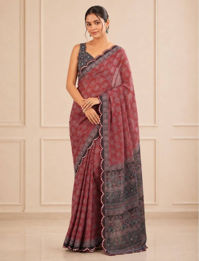 premium heavy chinon silk blend mirror work saree