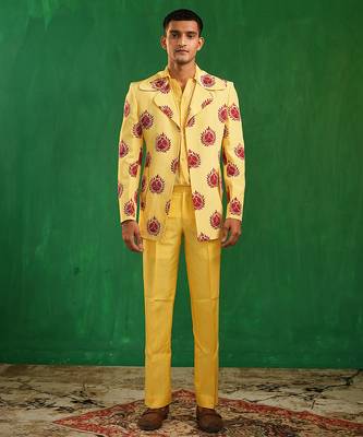 Bright yellow embroidered slub silk organza crepe blazer set 2
