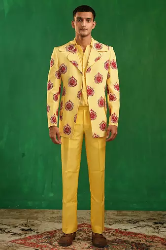 Bright yellow embroidered slub silk organza crepe blazer set