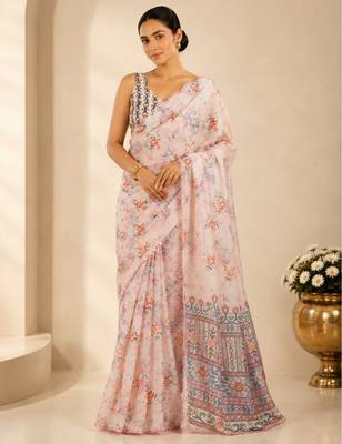 printed chinon silk blend mirror lace saree 1
