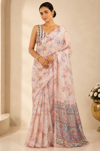 pink printed silk blend mirror lace saree