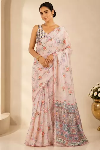 printed chinon silk blend mirror lace saree