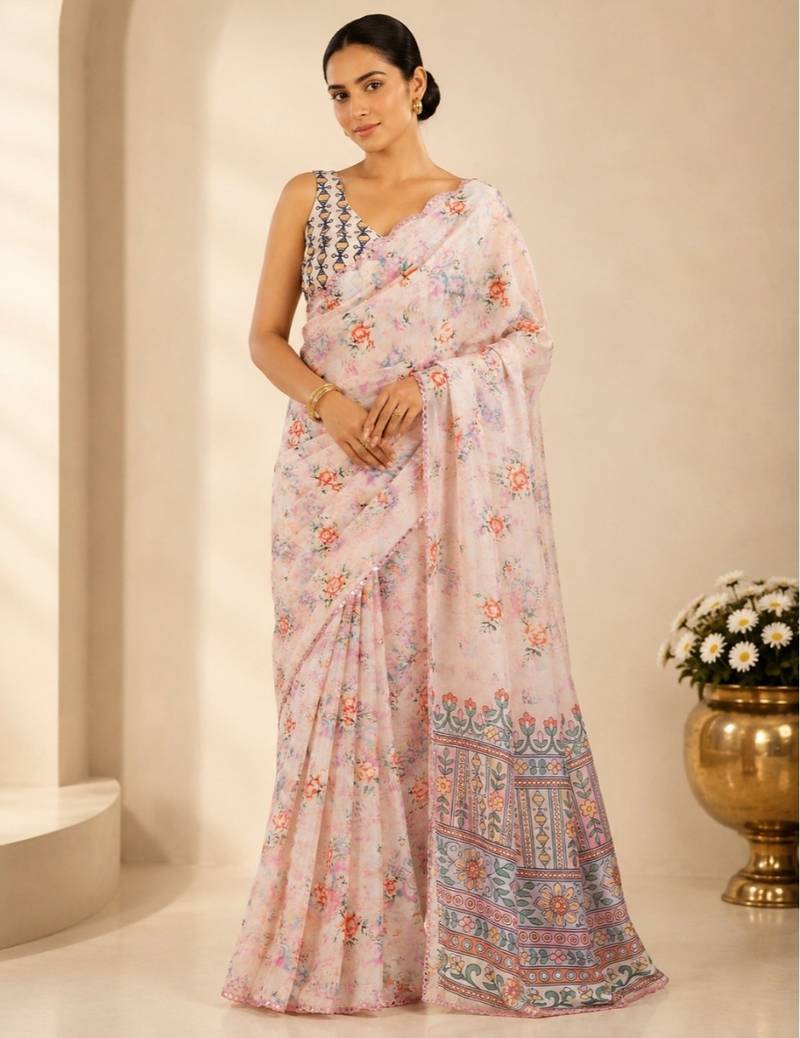 printed chinon silk blend mirror lace saree