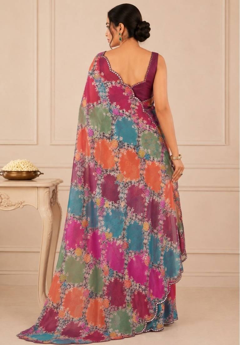 premium heavy chinon silk blend mirror work saree