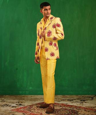 Bright yellow embroidered slub silk organza crepe blazer set 3