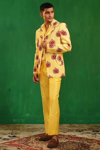 Bright yellow embroidered slub silk organza crepe blazer set